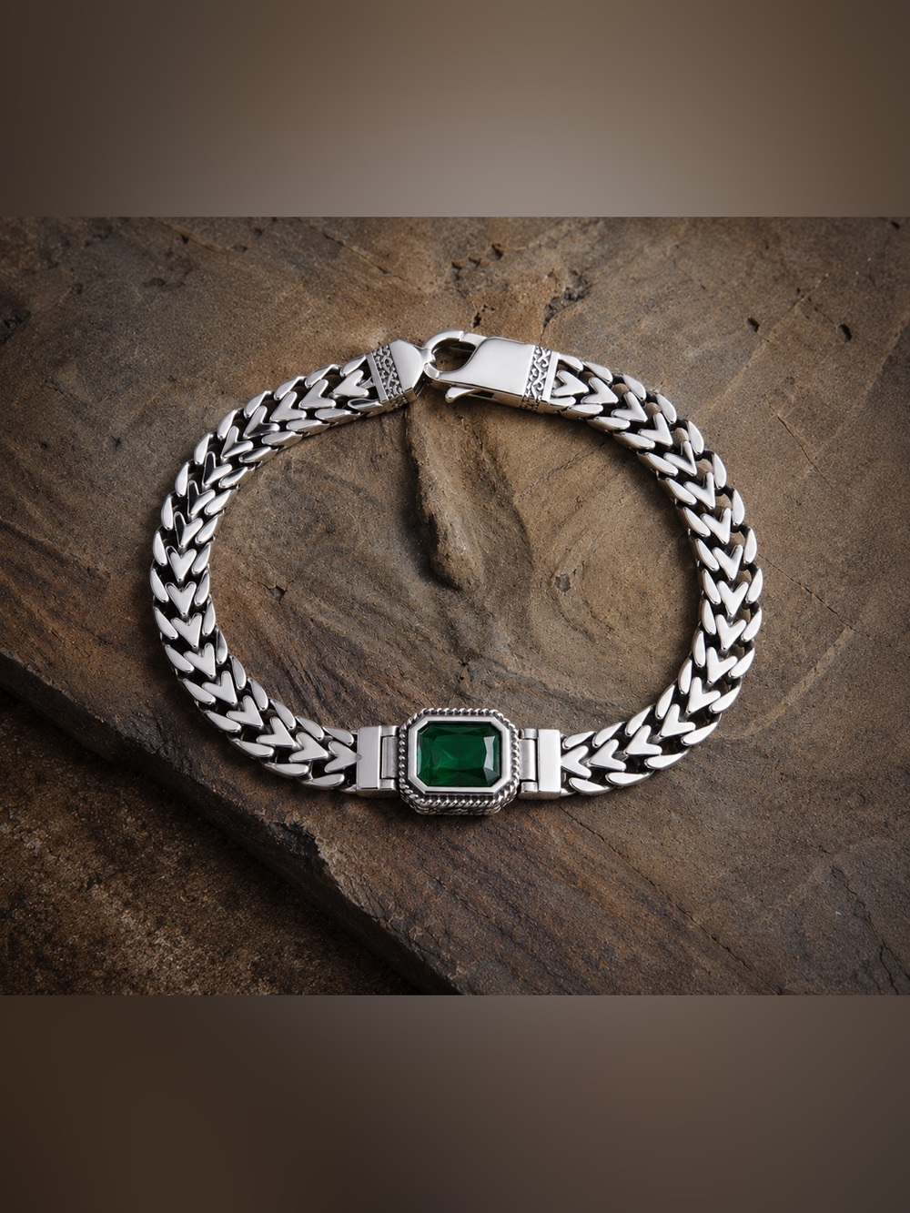 Men's Chain Bracelet with Faux Emerald Green Stone